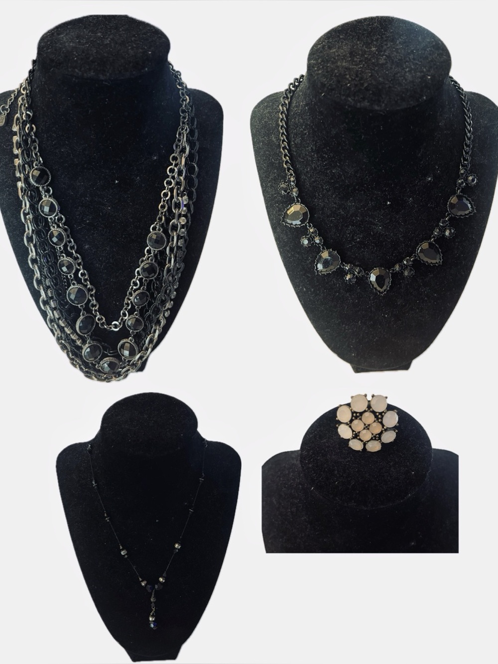 LOT of COSTUME JEWELRY in Black & Gunmetal - 3 Necklaces & 1 Ring